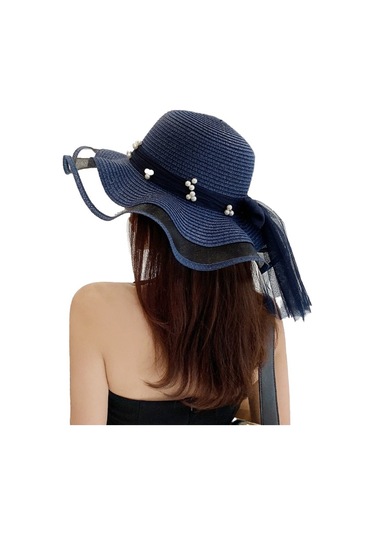 Şık Ve Zarif Bayanlar İçin İnci Detaylı Hasır Örgü Yazlık Güneş Şapkası Mavi