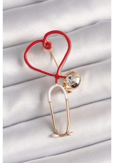 Pirinç Gold Renk Kırmızı Steteskop Model Zirkon Taş Detay Kadın Broş Gümüş Rengi
