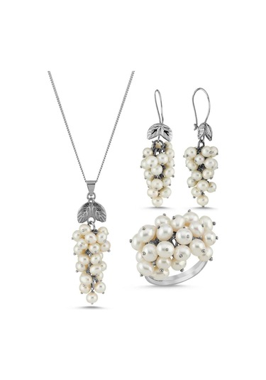 Kadın Üzümlü Doğal İnci Küpe Kolye Yüzük Üçlü Set 8 / Beyaz Gümüş