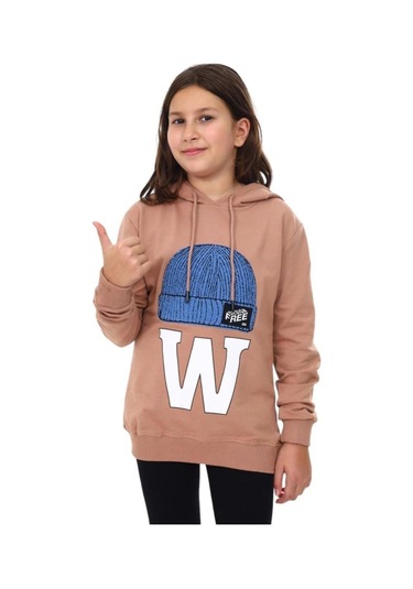 Çocuk Bere Baskılı Ve İşlemeli Kapüşonlu Sweatshirt-13410-kahverengi Kahverengi