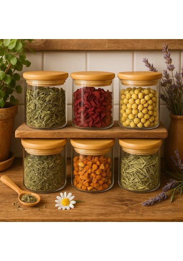 Borosilikat Baharatlık 500 Ml 6 Adet - 90 Mm X 100 Mm -bambu Kapaklı-sızdırmaz Silikonlu Beyaz