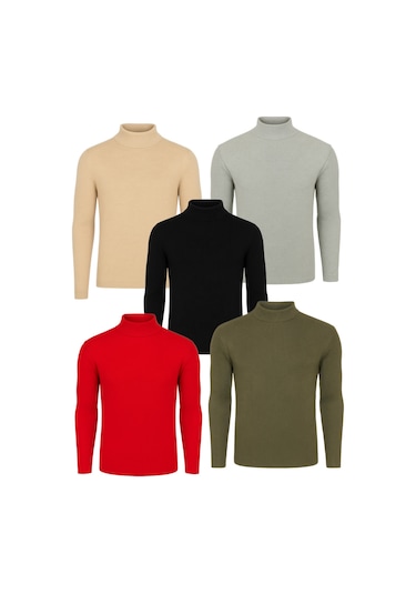 5'li Paket Yarım Boğazlı Erkek Kazak Kırmızı - Siyah