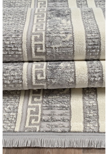 %100 Akrilik Sık Dokuma Şerit Krem - Gri Parlak İplik Makine Mutfak Koridor Salon Yatak Odası Halı