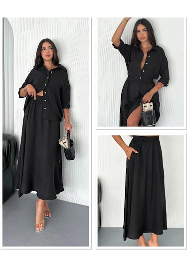 Ahes Shopping Kadın Keten Kumaş Gömlek Ve Etek Ikili Takim Siyah