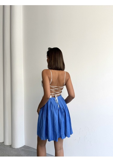 Kadın Modal Dokulu Piliseli Şortlu Mini Etek Mavi Kadın Modal Dokulu Piliseli Şortlu Mini Etek Mavi