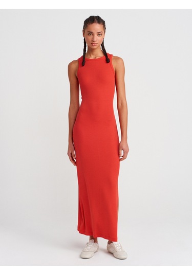 Dilvin 91381 Yırtmaç Detaylı Midi Boy Elbise-kırmızı Kırmızı