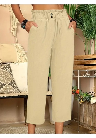 Ge Ticaret Kadın Bel Büzgü Ve Düğme Detay Kapri Keten Pantolon Bej