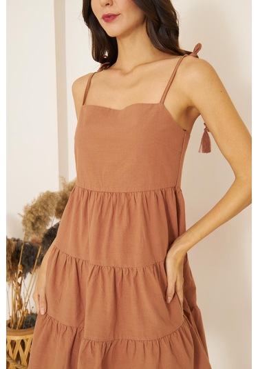 Camel Askısı Boncuklu Püsküllü Eteği Volanlı Mini Elbise Dm1038