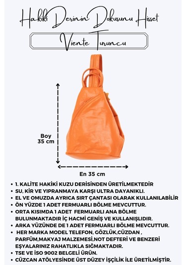Viente Turuncu Hakiki Deri Kadın El Omuz Ve Sırt Çantası Turuncu