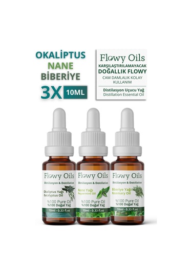 Flowy Oils Biberiye + Nane + Okaliptüs Doğal Bitkisel Uçucu Yağ 3 x 10 ML