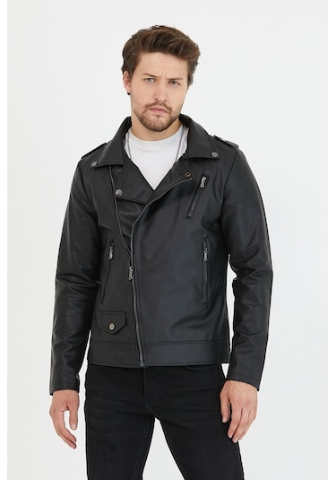 Mero Life Erkek Çapraz Fermuarlı Deri Ceket - Siyah