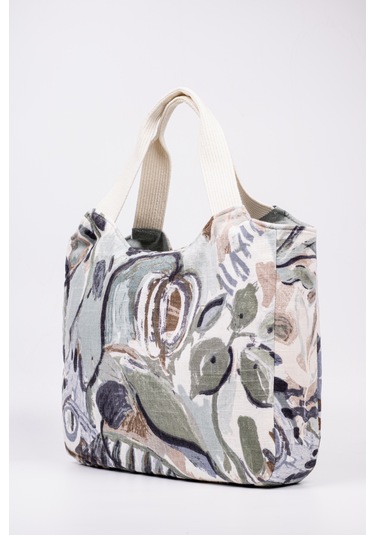 Fabric Craft Bag El Çanta Keten Desenli Yeşil Yeşil - Beyaz