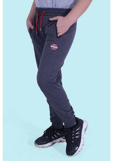 Fermuar Cep Detaylı, Yazı Baskılı Erkek Çocuk Eşofman Altı Füme