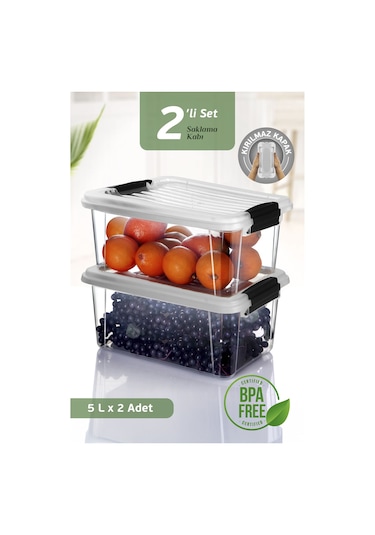 2'li 5 Lt Un Bakliyat Erzak Saklama Kabı Seti - Banyo Düzenleyici Deterjanlık Saklama Kutusu 2x5l Şeffaf