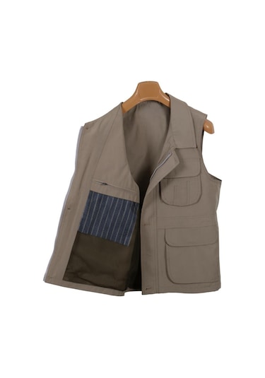 Erkek Keten Yelek Normal Kesim Yakalı Rar00880 Avcı Yeleği Krem