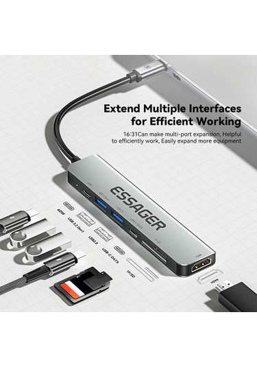 Cbtx Essager Type-c Hub Dönüştürücüden Pd'ye 60w Hızlı Şarj+tip-c Veri Bağlantı Noktası+usb 3.2+usb 2.0+hd Video Çıkışı+2 Kart Okuyucu Yuvası