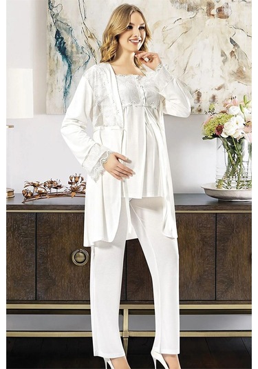 Xses 2195 Kadın Hamile Lohusa Sabahlıklı Pijama Takım-ekru