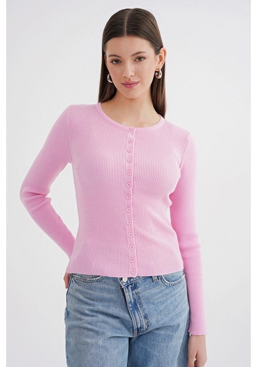 6931 Kadın Düğmeli Fitilli Triko Hırka Pembe Pembe