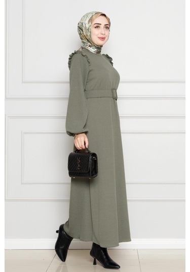Omuzu Fırfır Kemerli Elbise-haki-4563 Haki