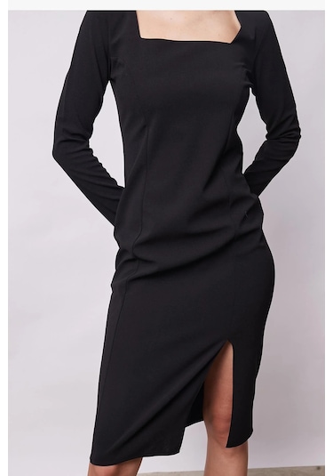 Kadın Likralı Krep Kumaş Kare Yaka Önden Yırtmaçlı Uzun Kol Diz Altı Ofis Elbise-siyah Siyah