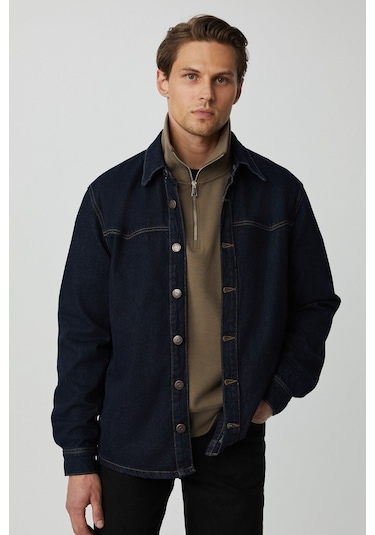 GRIMELANGE Borna Erkek Rinse Denim Rahat Geniş Kesim Ceket Görünümlü Lacivert Ceket Lacivert