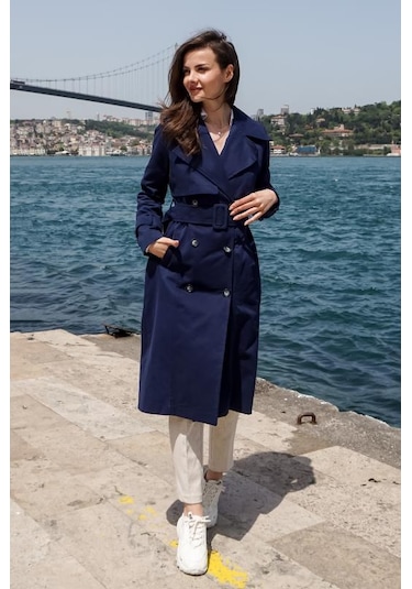 Pastelastore %100 Pamuk Gabardin Uzun 110cm Astarlı Kemerli Kadın Trençkot 1111 Lacivert
