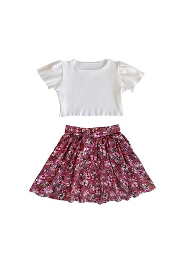 Çocuk Etekli Crop Takım, Çiçekli Gülkurusu Etek - Ekru Crop Ekru -gulkurusu1 Ekru - Gülkurusu