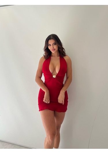 Pink Life Kırmızı Askılı Toka Ve Göğüs Dekolteli Mini Elbise Kırmızı
