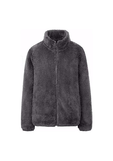 Gri Çift Taraflı Polar Ceket Kadın Kısa Büyük Boy Mercan Kadife Sonbahar Ve Kış Kalınlaşmış Sıcak Polar Ceket Kadın Kazak Gri