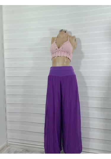 Bohem Stil Italyan Korse Belli Astarlı İpek Pantolon Mor