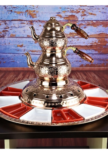 Sultan Isıtıcılı Bakır Çaydanlık ve Kahvatı Seti