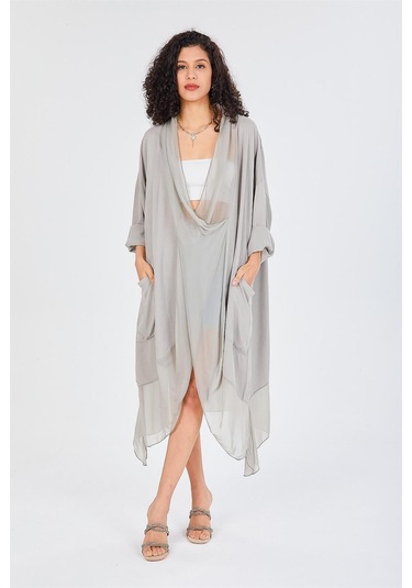 Italyan Ipek Detaylı Oversize Kaftan & Bluz-8711 Vizon