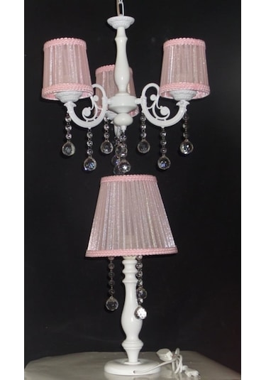 Pembe Çocuk Odası Taşlı 3 Kollu Avize Abajur Seti
