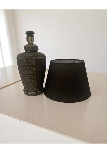 Gold Renk Eskitme Sümer Dekoratif Abajur - Siyah Siyah