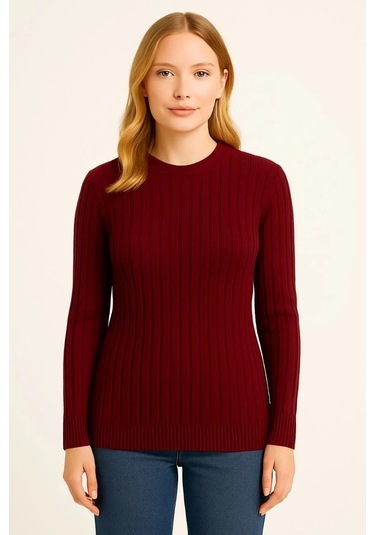 Kadın Bisiklet Yuvarlak Yaka Triko Kazak Pamuklu Kalın Fitilli Dokuma, Regular Fit Uzun Kollu Kışlık Bordo