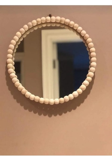 El Yapımı Dekoratif Ham Ahşap Boncuklu Rafya Ayna 24 Cm Ahşap