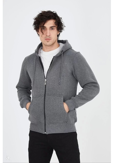 Unisex Tam Fermuarlı Kapşonlu Sweatshirt - Füme Füme