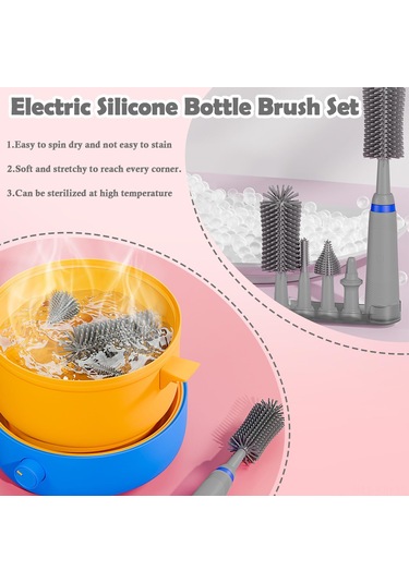 Jeehugo Otomatik Silikon Biberon Fırçası Seti Gri - 7 Parça, 2 Hızlı Temizleme, Ipx65 Su Geçirmez, Yeniden Şarj Edilebilir Pil