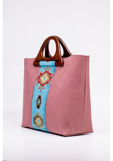 Fabric Craft Bag El Çantası Pembe Duck Kumaş Ahşap Saplı Lila - Pembe