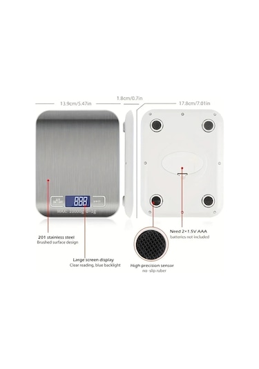 10 Kg 1g Taşınabilir Mutfak Terazisi Elektrikli Dijital Gıda Gümüş
