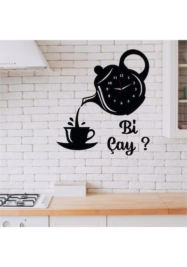 Mod Dekoratif Ahşap Mutfak Ve Cafe Duvar Saati - Bi Çay Yazılı Siyah