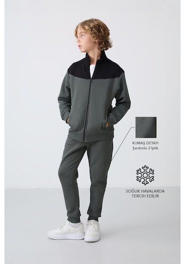 Tommy Life Haki Pamuklu Kalın İçi Tüylü Yumuşak Dokulu Standart Fit Nakışlı Erkek Çocuk Eşofman Takım - 11240 Haki