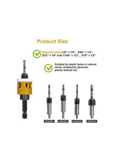 Xurunkeji 5 Adet Düşük Sürtünmeli Derinlik Durduruculu Havşa Matkap Ucu Seti, 10 Adet Yedek Hss Matkap Ucu, Ayarlanabilir Derinlik Durdurucu