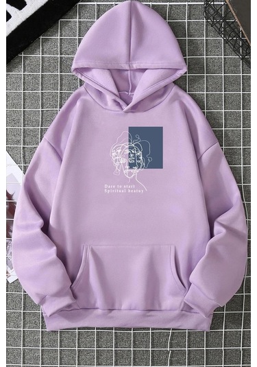 Minimal Line Drawing Baskılı Sweatshirt Lila