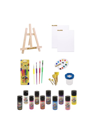 Mini Şövale 25x35 2'li Tuval Funny Kıds 20ml 10'lu Akrilik Boya Başlangıç Seti