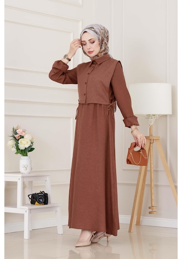 Yanları Bağlamalı Elbiseli Takım-kahverengi-5021 Kahverengi