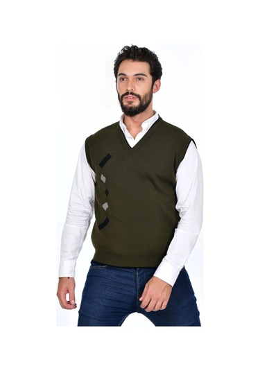 Kamalı Haki Erkek Çelik Örgü Kışlık Kalın Triko V Yaka Triko Örgü Tüylenmez Süveter Haki