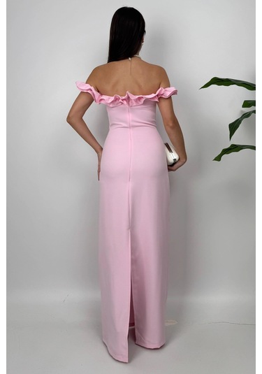 Arlina Madonna Yaka Göğüs Büzgülü Uzun Pembe Abiye Elbise Pembe