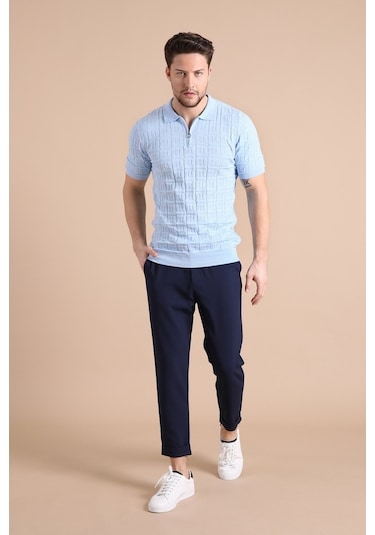 Ferraro Mavi Polo Yaka Fermuarlı Erkek Pamuk Triko T-Shirt-Mavi (490417758) Mavi