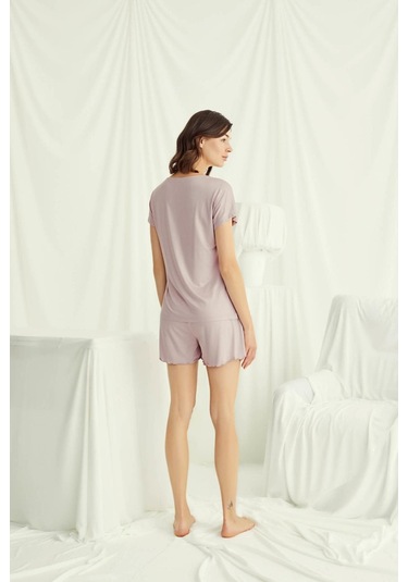 Monamise 18514 Kadın V Yaka Kısa Kollu Şortlu Pijama Takımı-vizon Vizon